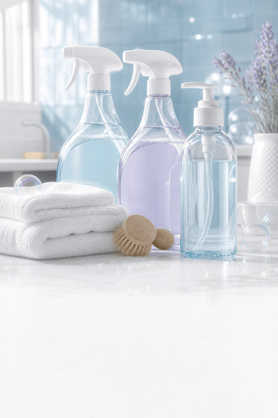 Professional cleaning bottles, towels, and brush